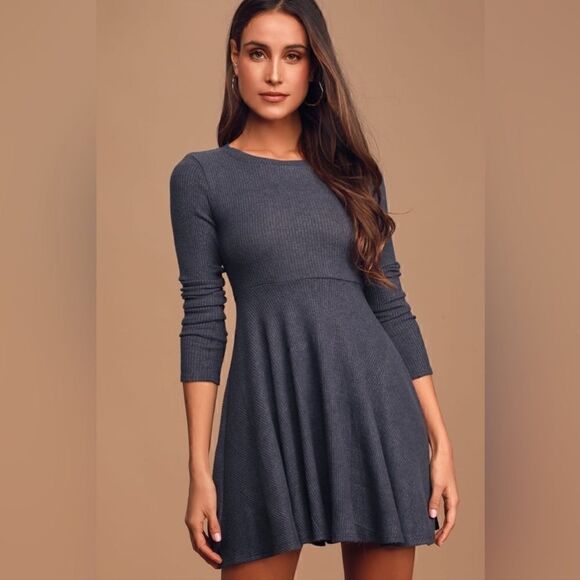 Lulus Fit and Fair Denim Blue Ribbed Knit Long Sleeve Skater Dress XL - Picture 2 of 14